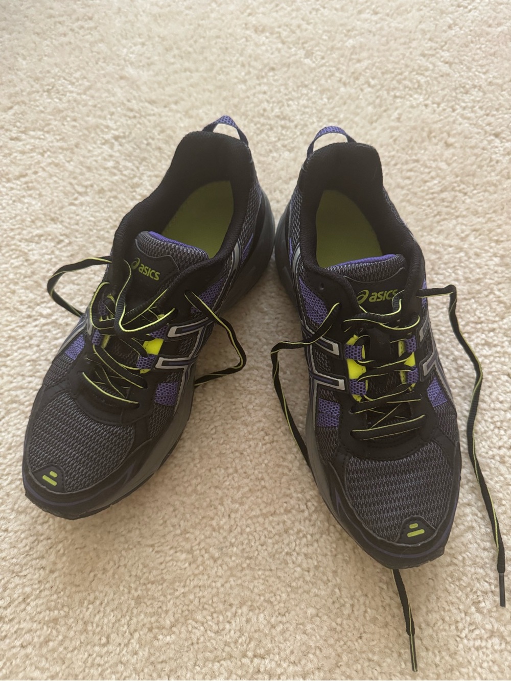 ASICS Black Running Sneakers with Purple and Lime Accents 8 1/2